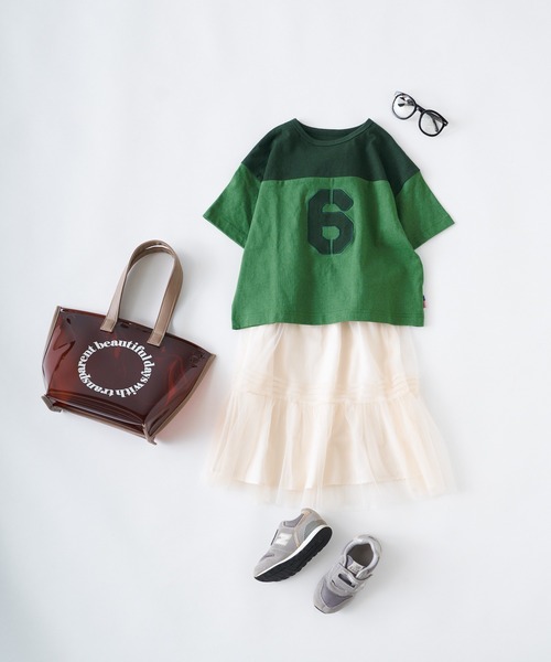 CIAOPANIC TYPY（チャオパニックティピー）の「【KIDS】USAコットン配色ナンバリングフットボールTee（Tシャツ/カットソー・キッズ・チャコールグレー/ホワイト/グリーン・S/M/L/XL/XXL）」の6枚目の写真