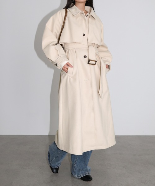 セール】【新色追加】ベルト付きフェイクウールロングコート（ステン