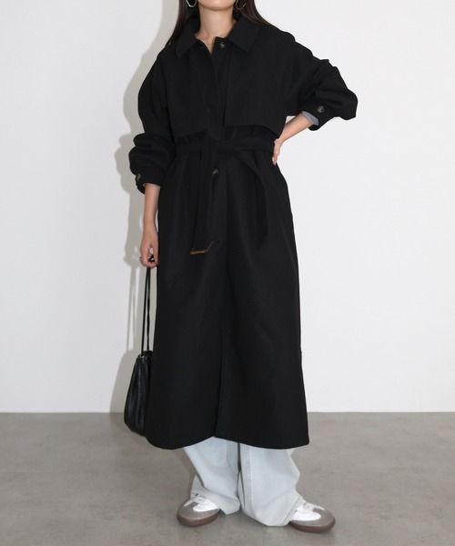 セール】【新色追加】ベルト付きフェイクウールロングコート（ステン