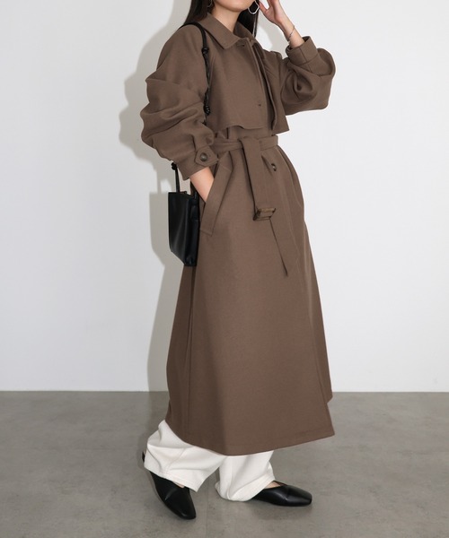 セール】【新色追加】ベルト付きフェイクウールロングコート（ステン