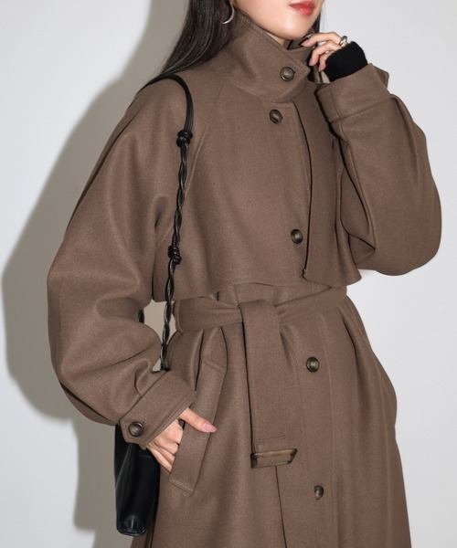 セール】【新色追加】ベルト付きフェイクウールロングコート（ステン