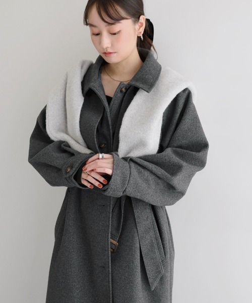 セール】【新色追加】ベルト付きフェイクウールロングコート（ステン