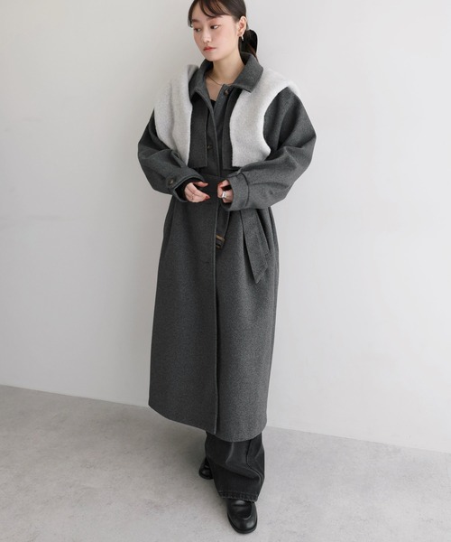セール】【新色追加】ベルト付きフェイクウールロングコート（ステン