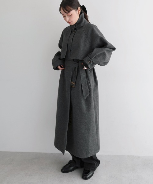 セール】【新色追加】ベルト付きフェイクウールロングコート（ステン