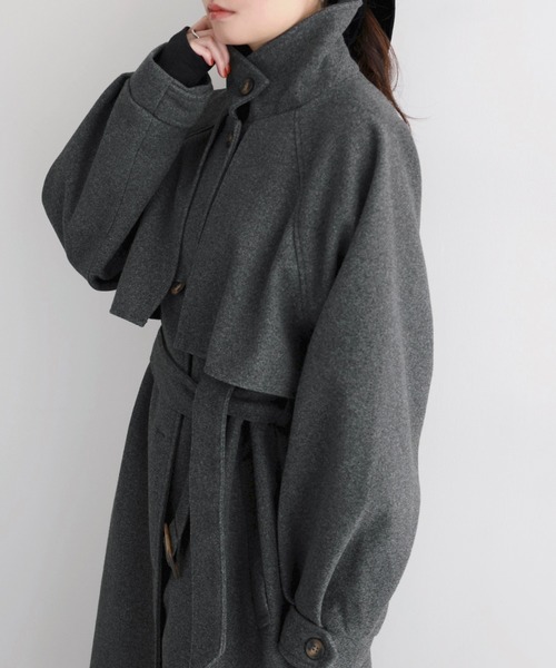 新色追加】ベルト付きフェイクウールロングコート（ステンカラーコート