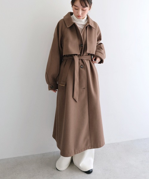 セール】【新色追加】ベルト付きフェイクウールロングコート（ステン