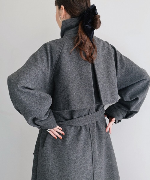 新色追加】ベルト付きフェイクウールロングコート（ステンカラーコート