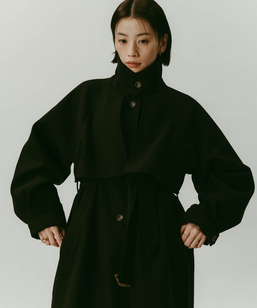 セール】【新色追加】ベルト付きフェイクウールロングコート（ステン