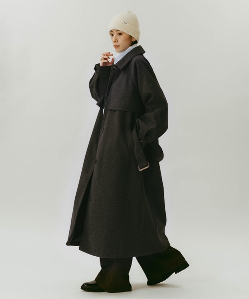 セール】【新色追加】ベルト付きフェイクウールロングコート（ステン