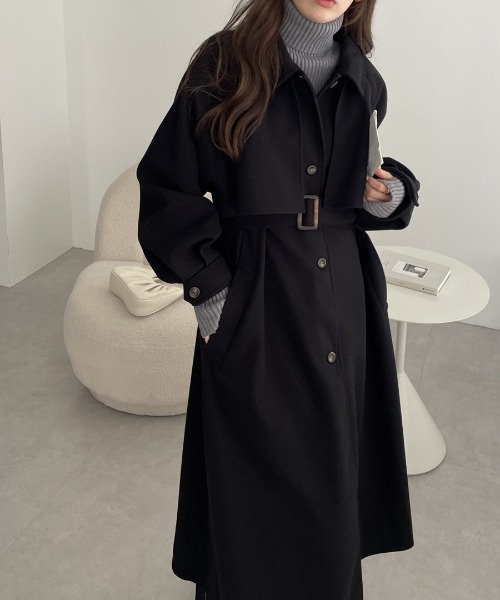 新色追加】ベルト付きフェイクウールロングコート（ステンカラーコート