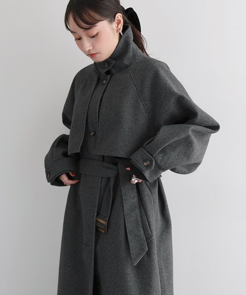 セール】【新色追加】ベルト付きフェイクウールロングコート（ステン