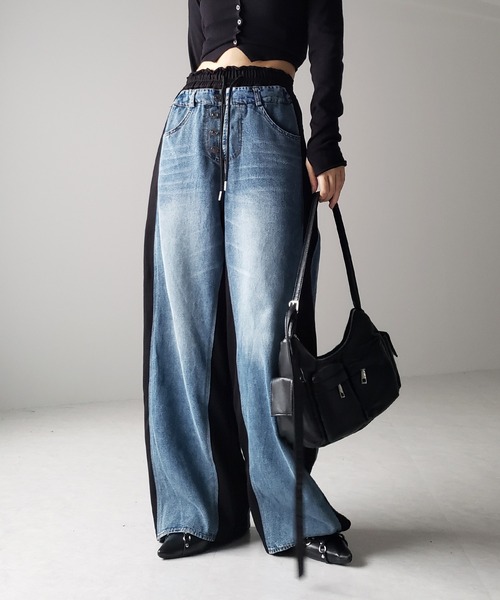 新品 WONEM スウェットブロッキングラインデニムパンツ me+em select（ミームセレクト）の「※※【 3color 】デニム