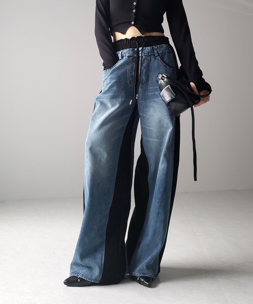 me+em select（ミームセレクト）の「※※【 ３color 】デニムドッキングサイドラインワイドスウェットパンツ（スウェットパンツ・レディース・ブラック/グレー/ダークグレー・FREE）」の9枚目の写真