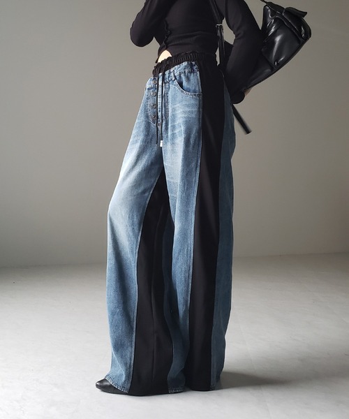 me+em select（ミームセレクト）の「※※【 ３color 】デニムドッキングサイドラインワイドスウェットパンツ（スウェットパンツ・レディース・ブラック/グレー/ダークグレー・FREE）」の11枚目の写真