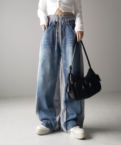 me+em select（ミームセレクト）の「※※【 ３color 】デニムドッキングサイドラインワイドスウェットパンツ（スウェットパンツ・レディース・ブラック/グレー/ダークグレー・FREE）」の17枚目の写真