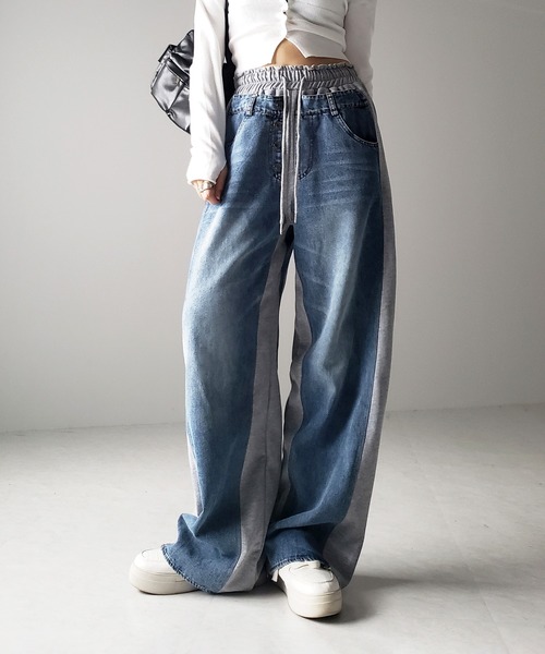 me+em select（ミームセレクト）の「※※【 ３color 】デニムドッキングサイドラインワイドスウェットパンツ（スウェットパンツ・レディース・ブラック/グレー/ダークグレー・FREE）」の19枚目の写真