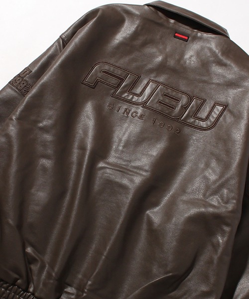 FUBU ブラウン ジャケット レザー　ブルゾン　フブ　アウター　ブランド セールFUBU フブ ブランド ロゴ 刺繍 アメカジ 長袖 ヴィンテージ