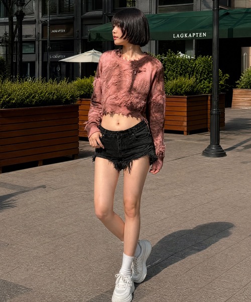 HOOK(フック)の「【HOOK】for girls 切りっぱなしフリンジデザイン タイダイ染めショット丈ニット(ニット/セーター・レディース・ブルー/グレー/ブラウン・S/M/L)」の9枚目の写真
