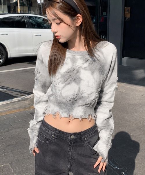 HOOK(フック)の「【HOOK】for girls 切りっぱなしフリンジデザイン タイダイ染めショット丈ニット(ニット/セーター・レディース・ブルー/グレー/ブラウン・S/M/L)」の12枚目の写真