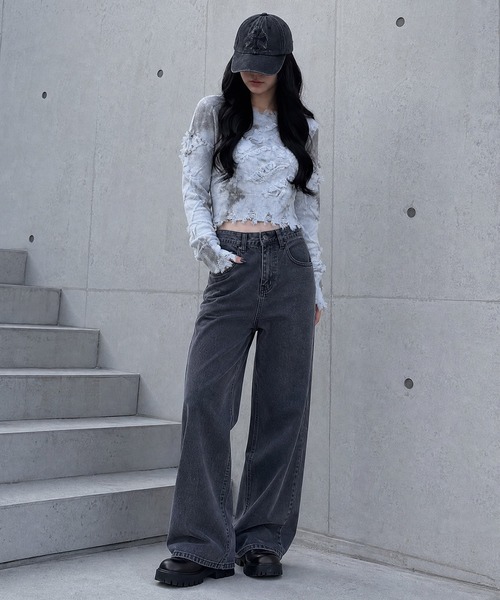HOOK(フック)の「【HOOK】for girls 切りっぱなしフリンジデザイン タイダイ染めショット丈ニット(ニット/セーター・レディース・ブルー/グレー/ブラウン・S/M/L)」の15枚目の写真
