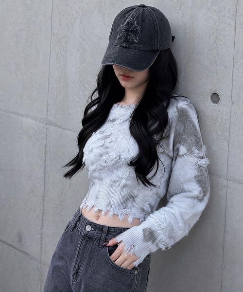 HOOK(フック)の「【HOOK】for girls 切りっぱなしフリンジデザイン タイダイ染めショット丈ニット(ニット/セーター・レディース・ブルー/グレー/ブラウン・S/M/L)」の16枚目の写真