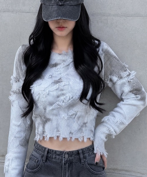 HOOK(フック)の「【HOOK】for girls 切りっぱなしフリンジデザイン タイダイ染めショット丈ニット(ニット/セーター・レディース・ブルー/グレー/ブラウン・S/M/L)」の18枚目の写真