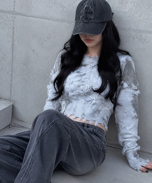 HOOK(フック)の「【HOOK】for girls 切りっぱなしフリンジデザイン タイダイ染めショット丈ニット(ニット/セーター・レディース・ブルー/グレー/ブラウン・S/M/L)」の19枚目の写真