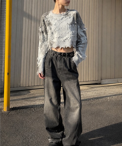 HOOK(フック)の「【HOOK】for girls 切りっぱなしフリンジデザイン タイダイ染めショット丈ニット(ニット/セーター・レディース・ブルー/グレー/ブラウン・S/M/L)」の20枚目の写真