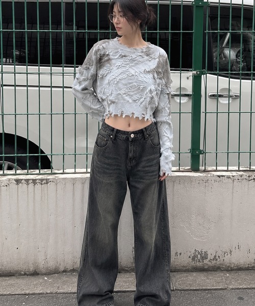HOOK(フック)の「【HOOK】for girls 切りっぱなしフリンジデザイン タイダイ染めショット丈ニット(ニット/セーター・レディース・ブルー/グレー/ブラウン・S/M/L)」の21枚目の写真