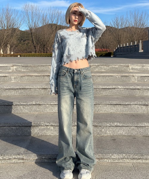 HOOK(フック)の「【HOOK】for girls 切りっぱなしフリンジデザイン タイダイ染めショット丈ニット(ニット/セーター・レディース・ブルー/グレー/ブラウン・S/M/L)」の22枚目の写真
