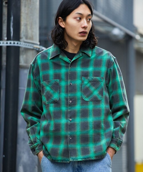 FREAK'S STORE（フリークスストア）の「ブリーチ加工 オープンカラー オンブレチェック シャツ/ロングスリーブ/リラックスフィット（シャツ/ブラウス・メンズ・ブラック/ブルー/ホワイト/グリーン・MEDIUM/LARGE）」の15枚目の写真