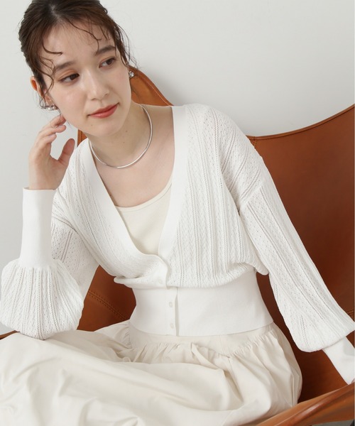 N.(N. Natural Beauty Basic)(エヌエヌナチュラルビューティーベーシック)の「◆透かし編みニットカーディガン(カーディガン/ボレロ・レディース・ブラック/オフホワイト/オレンジ・MEDIUM)」の4枚目の写真