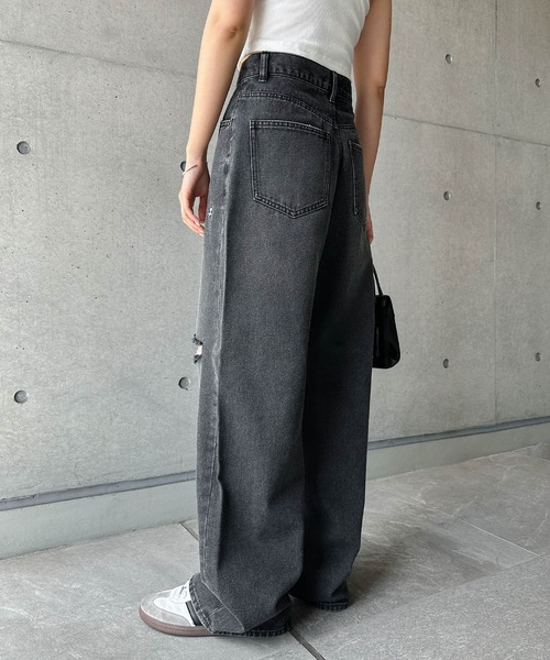 セール】ダメージ加工ワイドデニムパンツ（デニムパンツ