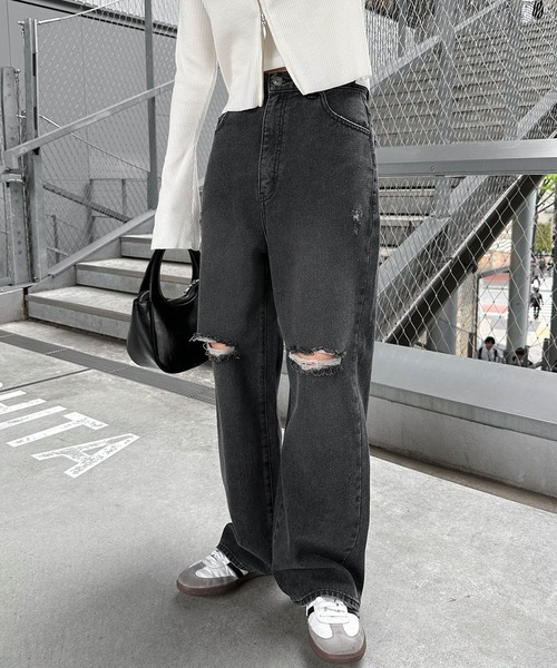 完売品　ニコアンド　ダメージ加工ワイドレッグ　デニムパンツ ダメージ加工ワイドデニムパンツ（デニムパンツ）｜andme（アンドミー