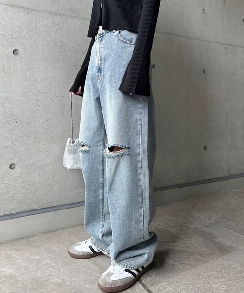 セール】ダメージ加工ワイドデニムパンツ（デニムパンツ