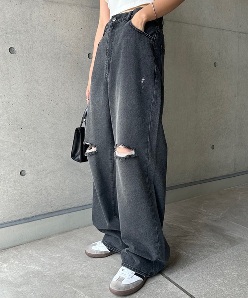 【10月20日までの限定価格‼️】mnml ダメージ加工 ダークグレーデニムパンツ セール】【cussil/クシル】【11.5oz】ルーズシルエットダメージワイド