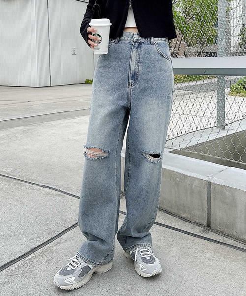セール】ダメージ加工ワイドデニムパンツ（デニムパンツ）｜andme
