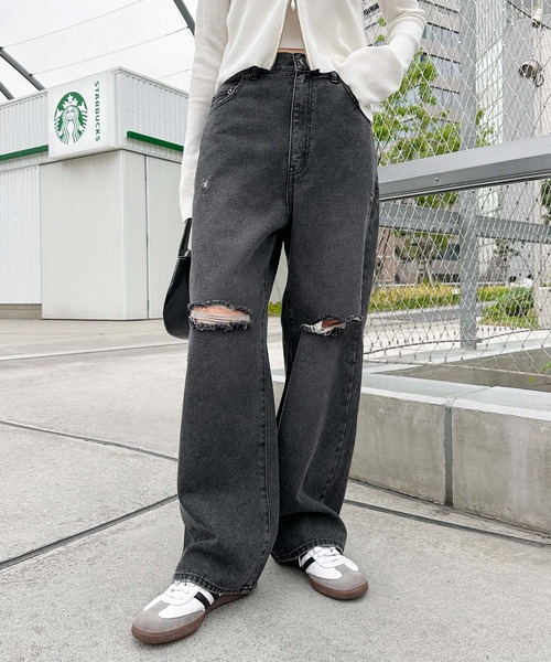 セール】ダメージ加工ワイドデニムパンツ（デニムパンツ）｜andme