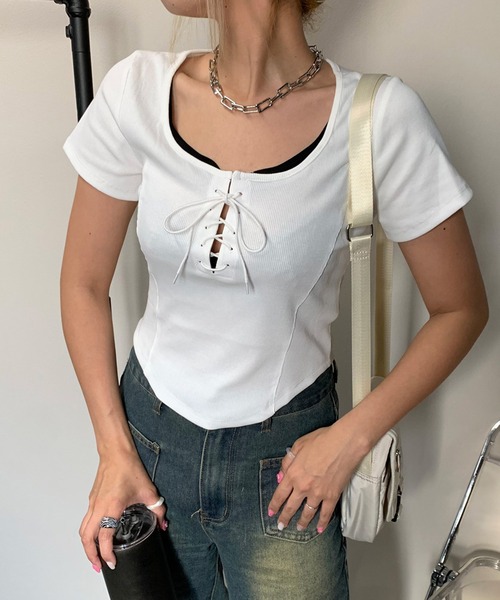 non-hedge(ノンヘッジ)の「前身レースアップクロップド丈トップス(Tシャツ/カットソー・レディース・オフホワイト/チャコールグレー/ブラック・FREE)」の2枚目の写真