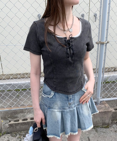 non-hedge(ノンヘッジ)の「前身レースアップクロップド丈トップス(Tシャツ/カットソー・レディース・オフホワイト/チャコールグレー/ブラック・FREE)」の7枚目の写真