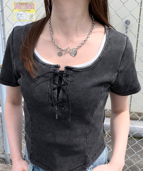 non-hedge(ノンヘッジ)の「前身レースアップクロップド丈トップス(Tシャツ/カットソー・レディース・オフホワイト/チャコールグレー/ブラック・FREE)」の8枚目の写真