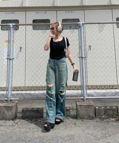 non-hedge(ノンヘッジ)の「前身レースアップクロップド丈トップス(Tシャツ/カットソー・レディース・オフホワイト/チャコールグレー/ブラック・FREE)」の13枚目の写真