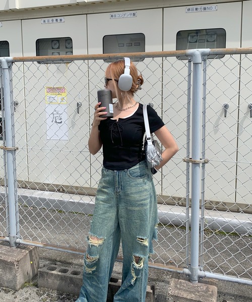 non-hedge(ノンヘッジ)の「前身レースアップクロップド丈トップス(Tシャツ/カットソー・レディース・オフホワイト/チャコールグレー/ブラック・FREE)」の14枚目の写真