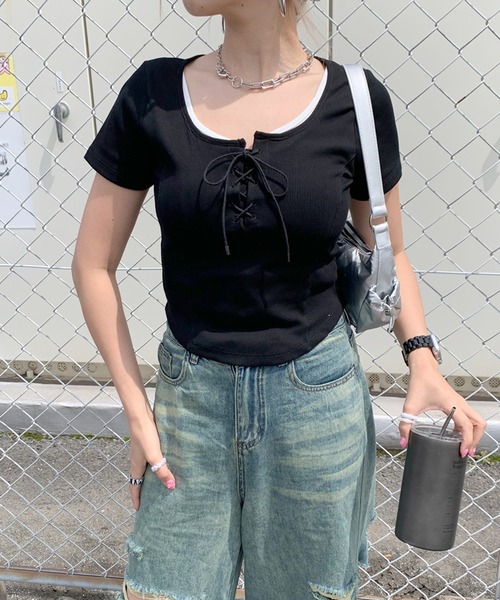 non-hedge(ノンヘッジ)の「前身レースアップクロップド丈トップス(Tシャツ/カットソー・レディース・オフホワイト/チャコールグレー/ブラック・FREE)」の15枚目の写真
