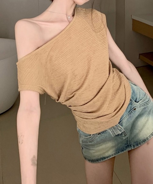 tシャツ asymmetry shoulder drape tops /アシンメトリーショルダータックドレープトップス レディース cawaii tシャツ アシンメトリーなドレープタックのカットソー