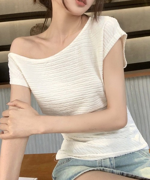 アシメオフショルダートップス/ドレープTシャツ（Tシャツ