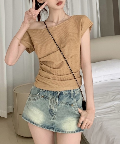 アシメオフショルダートップス/ドレープTシャツ（Tシャツ
