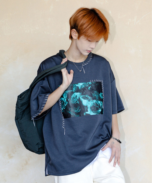 【セール】【neos】ルーズシルエット ローズ 薔薇 フォトプリント ハンドステッチ クルーネック ハーフスリーブ Tシャツ（Tシャツ/カットソー）｜neos（ネオス）