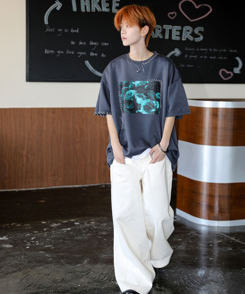 neos（ネオス）の「【neos】ルーズシルエット ローズ 薔薇 フォトプリント ハンドステッチ クルーネック ハーフスリーブ Tシャツ（Tシャツ/カットソー・メンズ・チャコール/ホワイト/ブラック・MEDIUM/LARGE/X-LARGE）」の10枚目の写真