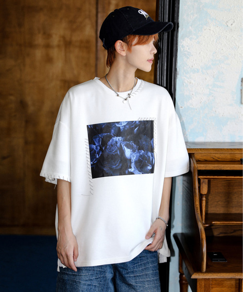 neos（ネオス）の「【neos】ルーズシルエット ローズ 薔薇 フォトプリント ハンドステッチ クルーネック ハーフスリーブ Tシャツ（Tシャツ/カットソー・メンズ・チャコール/ホワイト/ブラック・MEDIUM/LARGE/X-LARGE）」の14枚目の写真